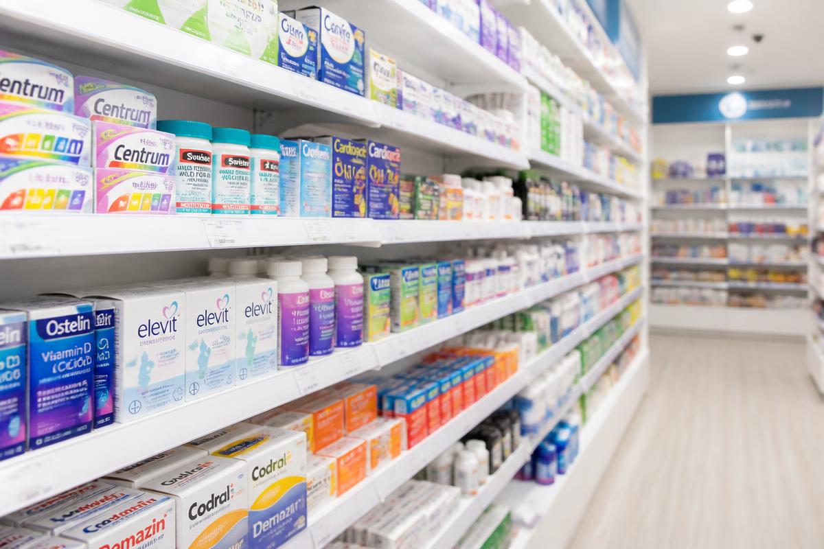 Neatly stocked pharmacy shelves
